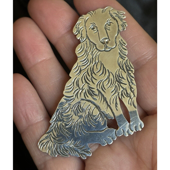 Vintage Large Golden Retriever Brooch Pin Sterling Silver Etched Design 2.5"x2" - Picture 3 of 10